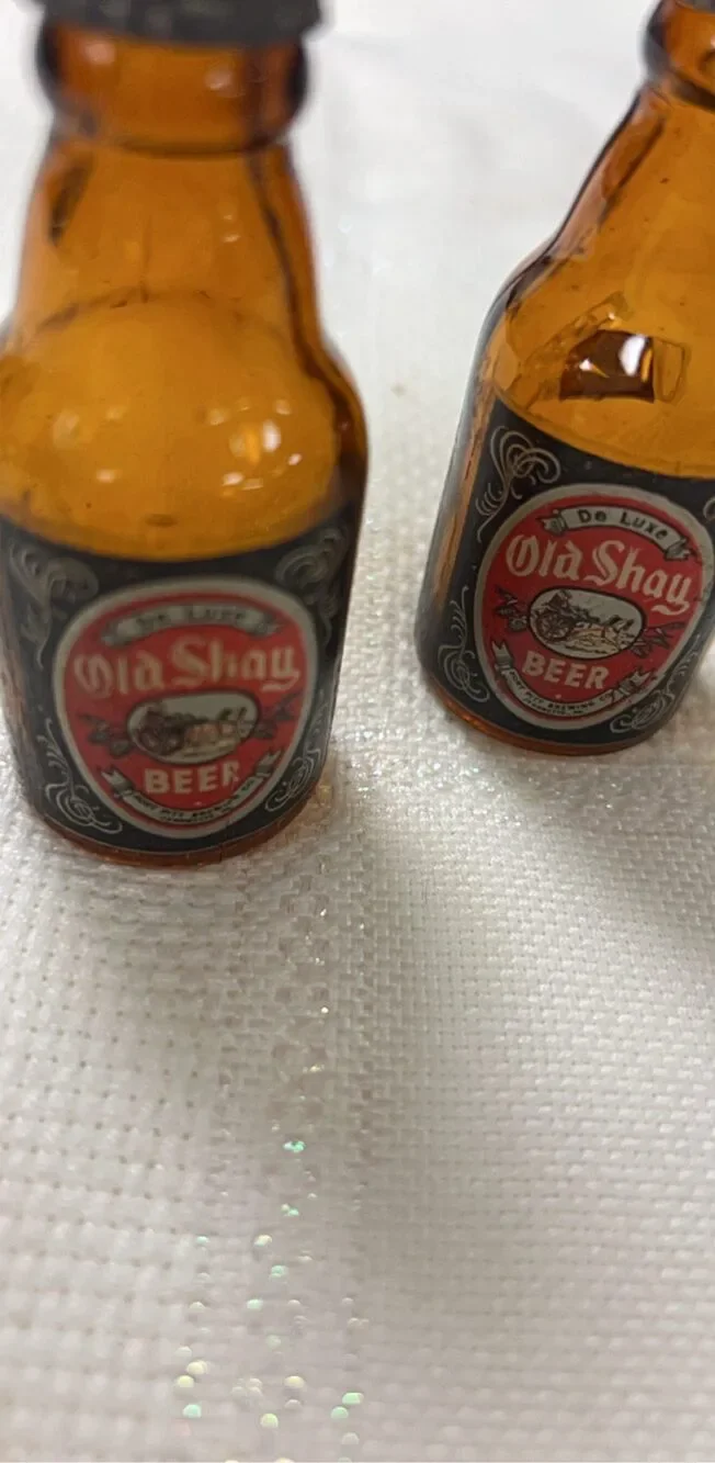 Old Shay Amber Glass Beer Bottle Salt & Pepper Shakers